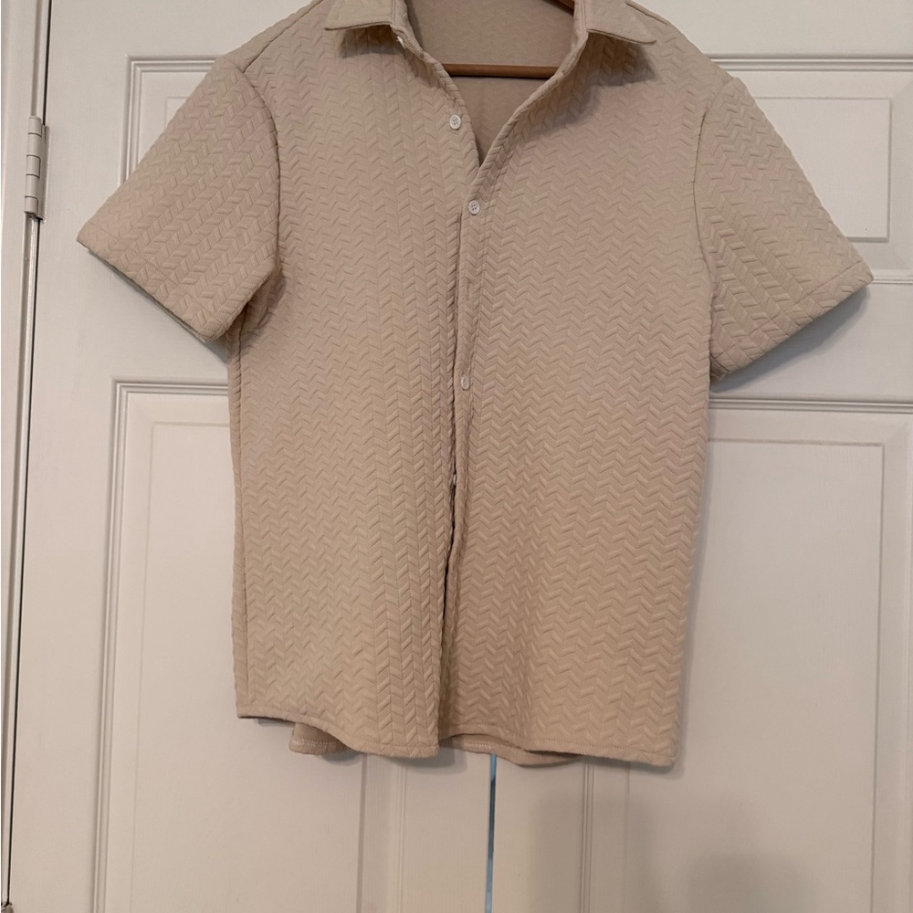 Men's Beige Textured Button Down Shirt